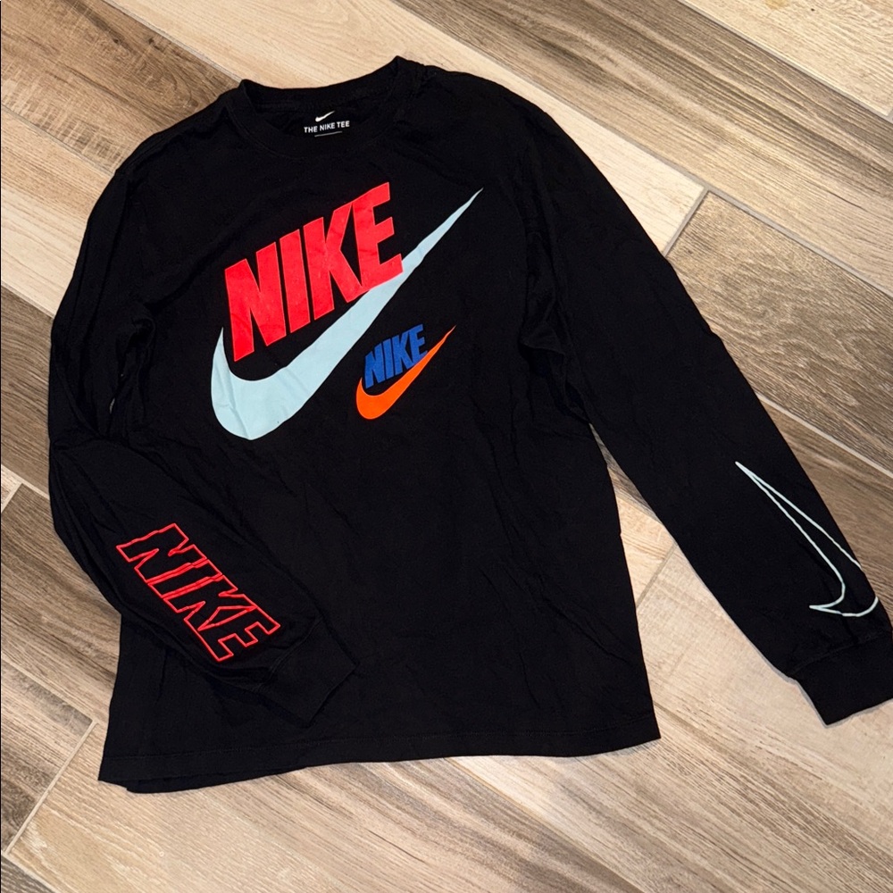 Nike Black Long Sleeve with Multicolor Logos L EUC